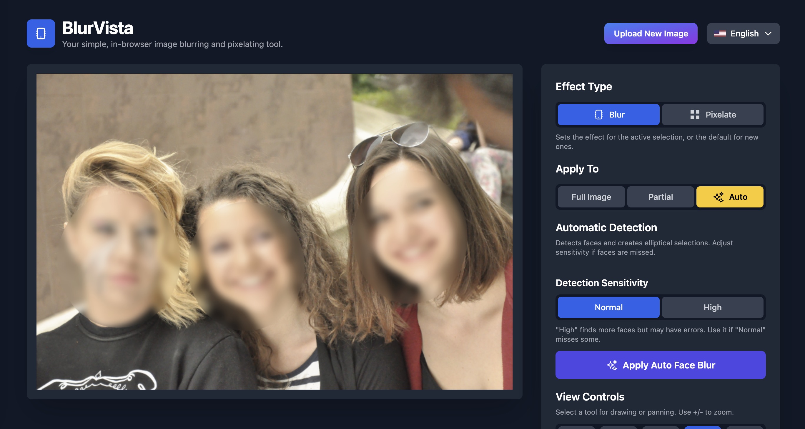 Screenshot of BlurVista app interface